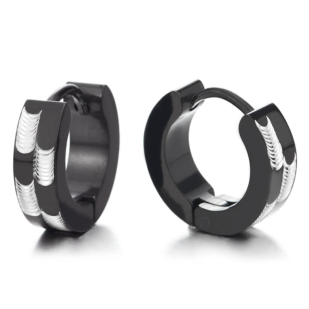 Pair Unisex Mens Womens Steel Silver Black Huggie Hinged Hoop Earrings with Laser Pattern