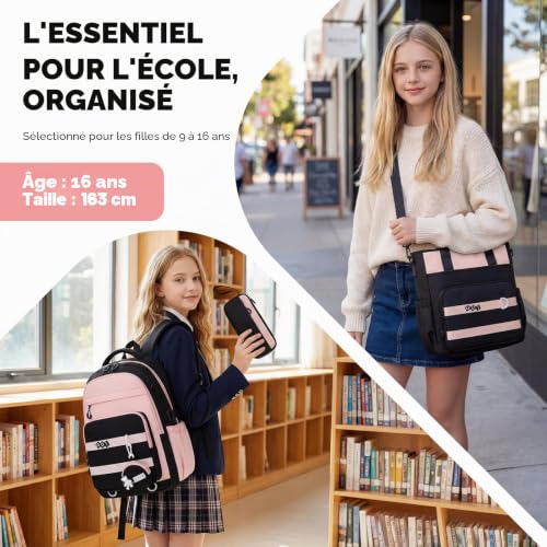 Amythe Backpack for Girls College 3 Piece School Bag Set - Girl's School Backpack+Shoulder Bag+Pencil Case - Large Waterproof School Bag for Teenagers 10-16 Years -Pink