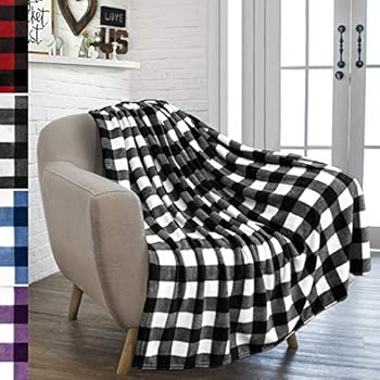 PAVILIA Flannel Fleece Throw Blanket for Sofa Couch | Super Soft Velvet Plaid Pattern Checkered Decorative Throw | Warm Cozy Lightweight Microfiber | 50 x 60 Inches Plaid White/Black