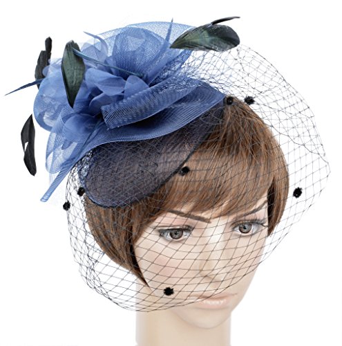 Womens Fascinator Hat Flower Pattern with Hair Clip B-Navy Blue