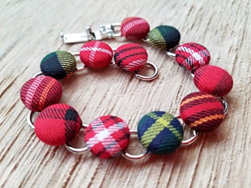 Red preppy tartan plaid button handmade bracelet jewelry - 7 3/4 inch button disc bracelet - Wrapped in a pillow box for gift giving!