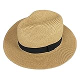 Lanzom Women Wide Brim Straw Panama Roll up Hat Fedora Beach Sun Hat UPF50+ (A-Brown)