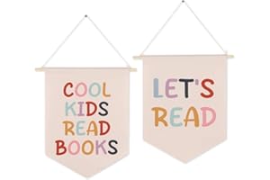 DUDUBOY Cool Kids Read Books Hanging Banner-Kid Wall Decor, Let's Read Reading Corner Decor, Reading Nook Wall Art, 2 Pcs Boho Wooden Canvas Banner for Classroom Library Home Kids Room Nursery Preschool