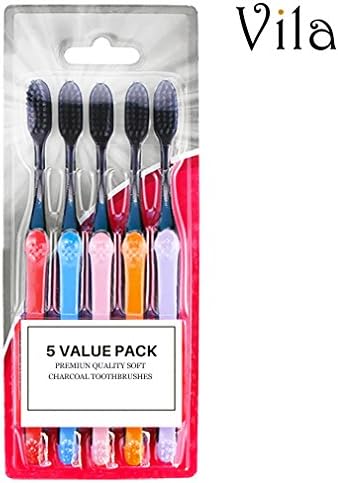 Charcoal Toothbrush (Pack of 5) - Whitens and Polishes Teeth in Hard to Reach Places - Safe for Dentures, Implants, Braces and Crowns - Ultra Soft Medium Tip Bristles Infused with Black Charcoal