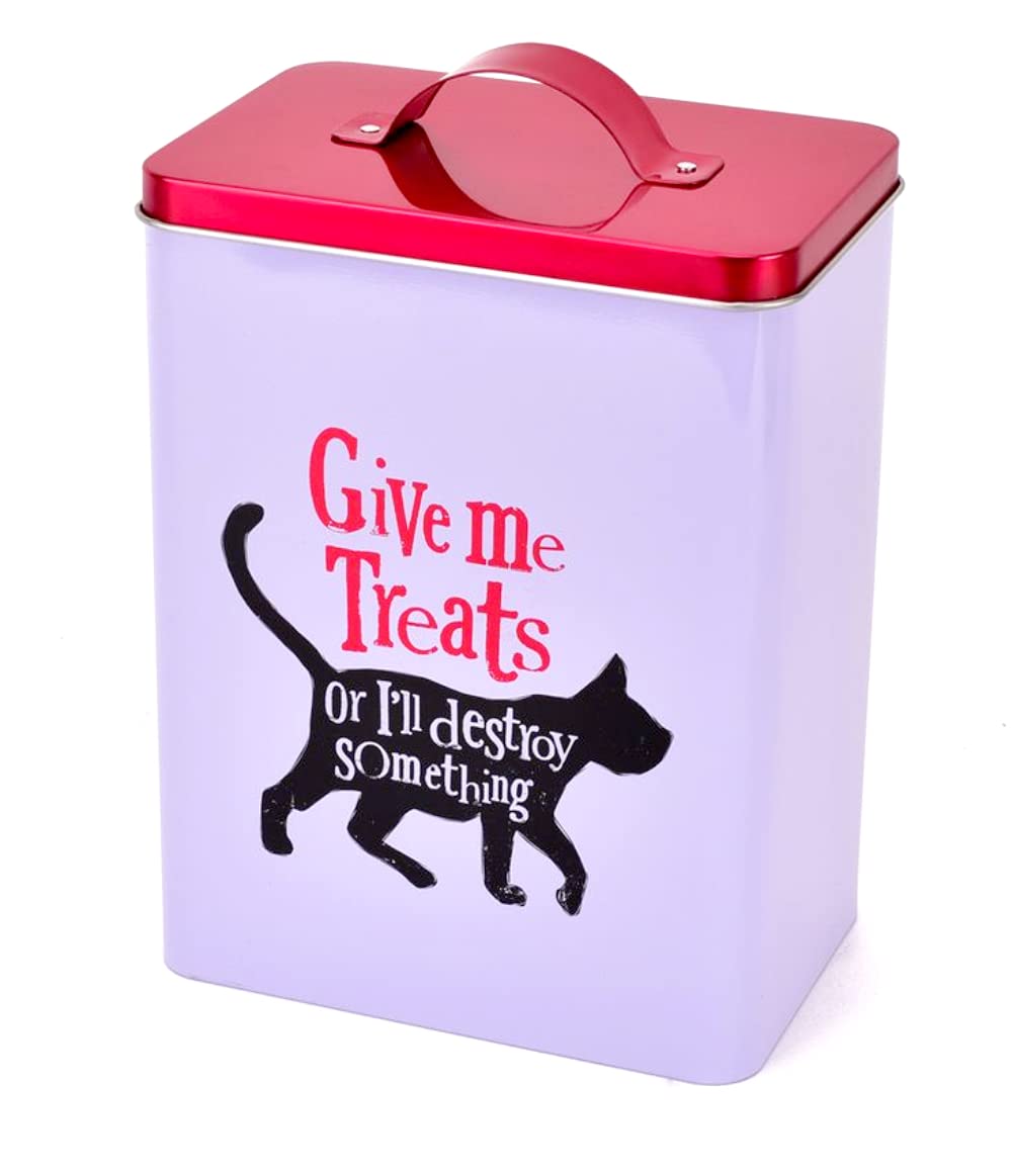 Widdop and Co Fun, Humorous Cat Biscuit Treat Storage Tin - Give Me Treats - White, Black, Metallic Red - 22.5cm
