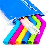 Big Silicone Straws for 30 oz Tumbler Yeti/Rtic - Reusable Silicone Straws for Smoothie/Shakes - Reusable Straws Set of 6 + 2 Brushes + 1 Blue Pouch - Reusable Drinking Straws