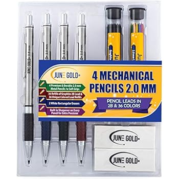June Gold 4 Premium 2.0 mm 2B Mechanical Pencils, 36 2B Lead Refills, 36 Uniquely Colored Lead Refills, 2 Smudge Resistant Erasers, Built in Sharpeners & Soft Non-Slip Grip on Each Pencil