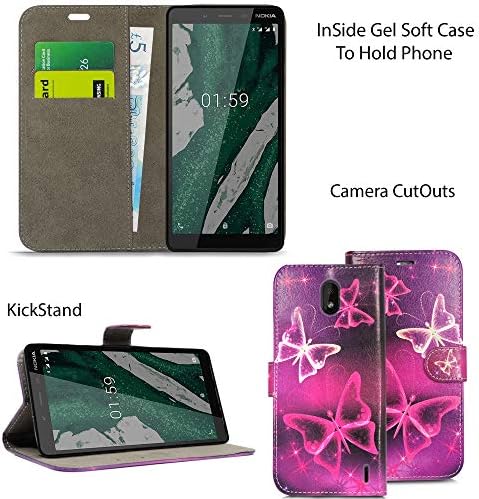 Blueenza For Nokia 1 Plus TA-1130 (2019) - Mobile Phone Case Premium Cover Flip Folio Magnetic Book Wallet Card Slots & Kickstand for Smartphone (Nokia 1+, 3 Butterflies 3D)