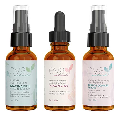 Natural Firm & Glow Skincare Set of 3 Serums - Skin Care Kit with 20% Vitamin C Serum, Peptide Complex Serum, Niacinamide Vitamin B3 Serum to Brighten Complexion and Smooth Wrinkles by Eva Naturals