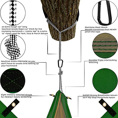 Double Hammock Camping Gear Straps | Best Portable Parachute Nylon 2 Person Folding Hammock with Tree Hanging Straps, Rope & Instruction Booklet | Ideal for Travel, Hiking & Backpacking