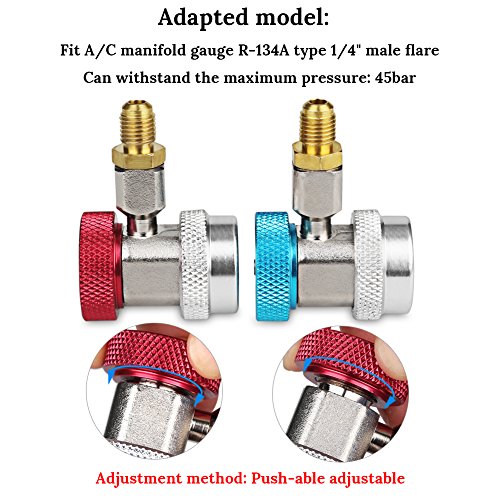 JDMON Adjustable AC R134A Quick Coupler Connector Adapters Fitting High Low 1/4 inch SAE HVAC Manifold Gauge Hose Set (R134A) - Thumbnail 4