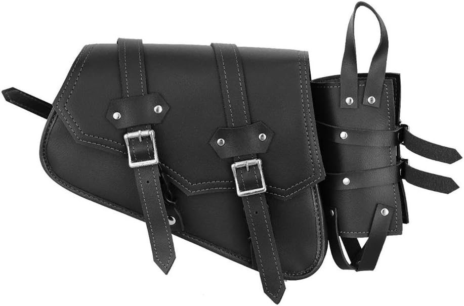 246-Black Motorcycle Saddle bag Leather Motorbike Solo Left side Single with Bottle holder Equipment Storage Organizer Seat pack Saddle bag Waterproof Storage tool Box - Image 4