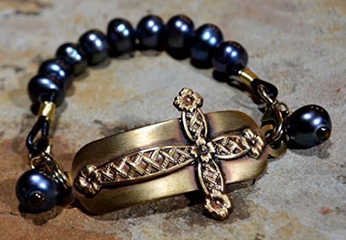 Satin Antiqued Brass Decorative Cross Interchangeable Rockband Bracelet - Black Pearls Charmed