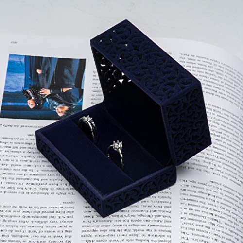 Hollow Velvet Ring Box Velvet Jewelry Box for Rings Couple Double Ring Bearer Box Engagement Gift(Dark Blue) - Thumbnail 6