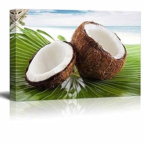 Canvas Prints Wall Art - Tropical Coconut on a Palm Leaf on The Beach | Modern Wall Decor/Home Decoration Stretched Gallery Canvas Wrap Giclee Print. Ready to Hang - 12" x 18"