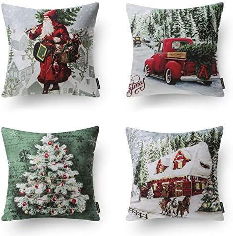 Phantoscope Merry Christmas Throw Pillow Covers Modern Santa Clause, Red Car, Vintage House and Christmas Tree Double Sided Print Pillowcases Set of 4, 18 x 18 inches 45 x 45 cm