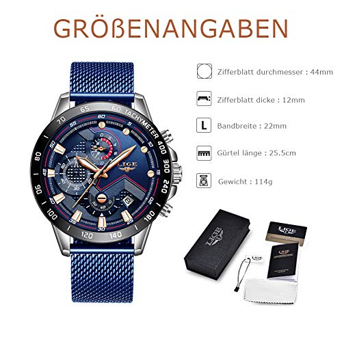 LIGE - Reloj de pulsera analógico para hombre, resistente al agua, de acero inoxidable, cuarzo, con cronógrafo y correa milanesa - Imagen 8