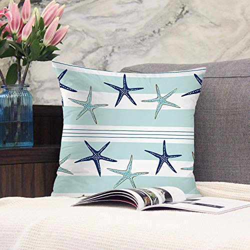 BaoNews Coastal Navy Blue Pillow Covers, Coastal Starfish Repeat Pattern Navy Turquoise Square 16 x 16 Inches Decorative…