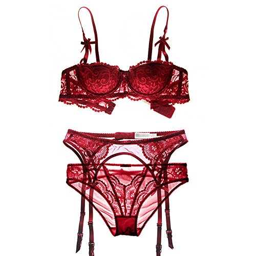 Varsbaby Women Embroidery Lace Half Cup Bra with Garters Sets