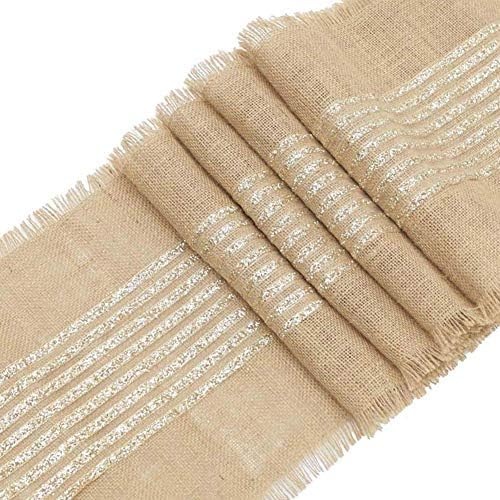 ARKSU 10Packs Burlap Table Runner Sparkly Glitter Gold Striped,12 by 72 inch Jute Hessian Vintage Rustic Natural Wedding Christmas Decor