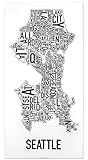 Seattle Neighborhoods Map Art Poster, Black & White, 16
