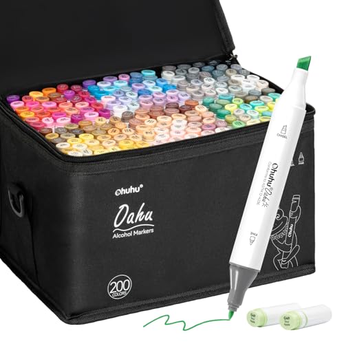 Ohuhu Marcadores Alcohol 200 Colores - Set Marcadores Doble Punta para Artistas Adultos Colorear Dibujar Ilustración - Punta Doble Cincel y Fina - Oahu de Ohuhu Markers - Tinta Alcohol Recargable