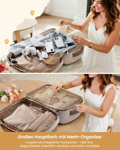 LOVEVOOK Travel Backpack Hand Luggage Aeroplane 40L Large Backpack Women's 45 x 36 x 20 cm, B-beige brown, Casual | travel backpack for 15.6 inch laptop, carry on suitcase backpack backpack for travel weekender work business trip business