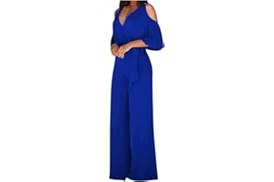 Cold Shoulder Jumpsuit for Women Dressy Casual Onesie Rompers Wrap V Neck One-Piece Wide Leg Jumpsuits Bib Pants