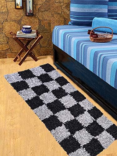 Cosmorugs Chess Board Soft Shaggy Furry Area Rug Carpet (2 x 5 ft, Black and Grey)