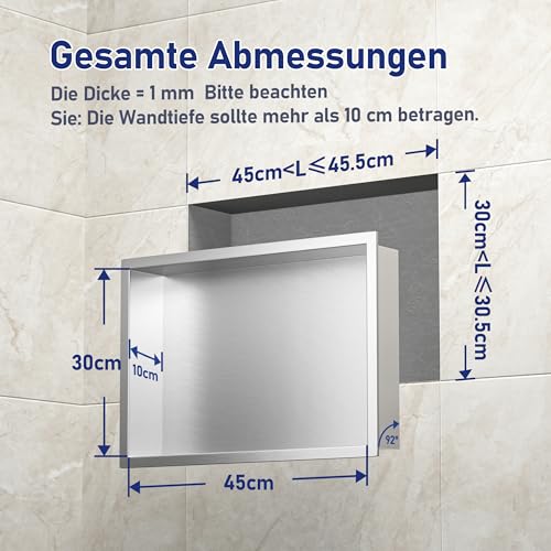 Bernkot Wall Mounted Shower Niche Stainless Steel 45 x 30 x 10 cm Wall Mounted Niche Bathroom Shelf Brushed Silver
