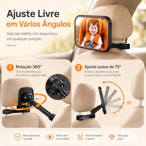 Altomex Espelho Retrovisor Traseiro para Carro, Preto, Ajustável, Monitoramento de Bebê na Cadeirinha, Visão Ampla, Retangular