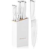 Diamosteel White Knife Set with Block, 7 Pieces Small Knife Block Set with Stainless Steel Blade Ergonomic Handle, Kitchen Knives Set Gifts for chef
