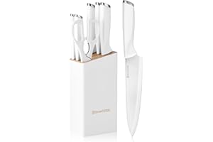 Diamosteel White Knife Set with Block, 7 Pieces Sharp Knife Block Set with Stainless Steel Blade and Ergonomic Handle, Chef, 