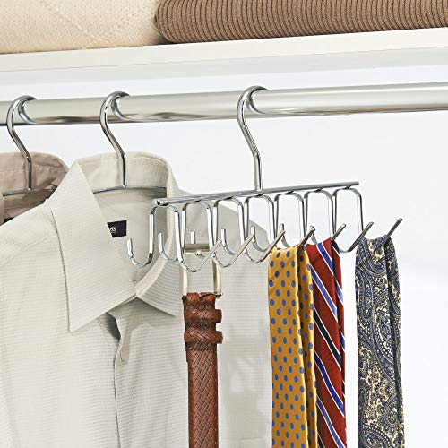 iDesign Axis Metal Hanger, Hanging Closet Organization Storage Holder, Men's Ties, Women's Shawls, Pashminas, Scarves, Clothing, Accessories, 14 Hooks, Tie and Belt Rack,Silver