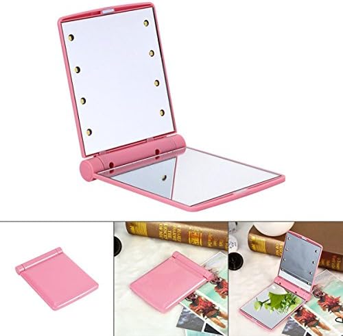 Aokeru 330 Degree Rotation Folding Portable Mini Makeup Mirror with 8 LEDs Fill Light Cosmetic Travel Vanity Mirror (pin'k)