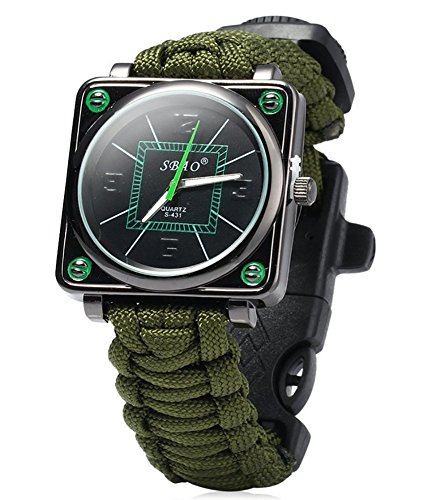 ASTRO Paracord rope square watches bracelet with firestarter stainless scraper and whistle and compass multifunction outdoor survival (Army Green)