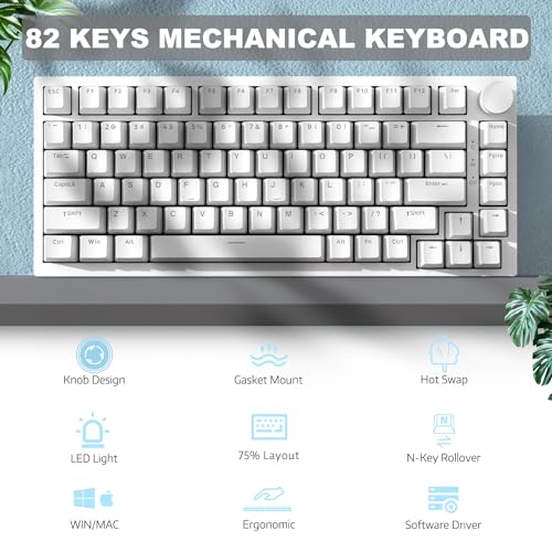 ATTACK SHARK Ajazz AK820 Mechanical Keyboard with with CNC Knob Control,75% Gasket Mount Keyboard and Detachable USB Wired Gaming Keyboard for Wind/Mac,Blue Light,NKRO,Blue Clicky Switch(White)
