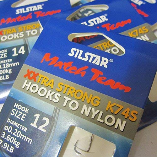 SILSTAR Match Team 24 (4 packs of 6) K74S - Extra Wide Gape XXTRA STRONG Barbless Fishing Hooks to Nylon - Available in size 10, 12, 14 and 16 (4 packs - Size 10 to 0.22mm of 10.1lb)