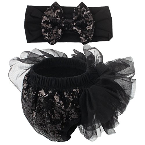 Slowera Baby Girls 2PCS Sets Cotton Tulle Sequins Diaper Cover Bloomers and Headband (Black Black, L: 12-24 Months) - Thumbnail 3
