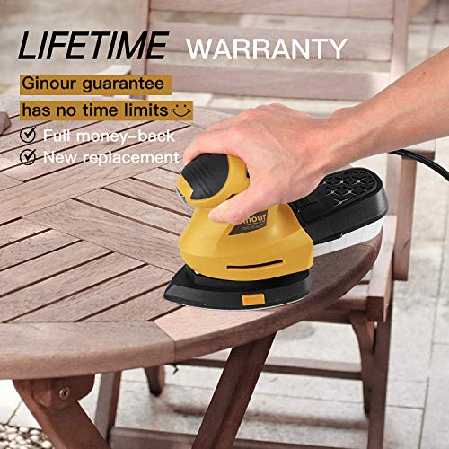 Ginour Detail Sander, 1.6A Sander with 10Pcs Sandpapers, 360Â° Rotating Sanding Pad, 12000OPM, 3M Cord, Dust Container, Perfect for Tight Spaces Sanding