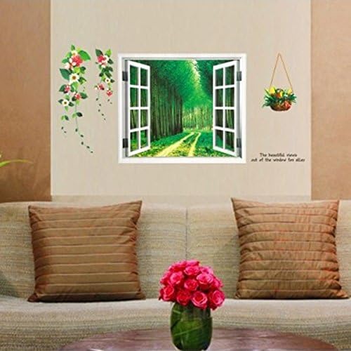 3D Fake Window Forest Flowers Pots Scenery Wall Decal PVC Home Sticker House Vinyl Paper Decoration WallPaper Living Room Bedroom Kitchen Art Picture DIY Murals Girls Boys kids Nursery Baby Playroom