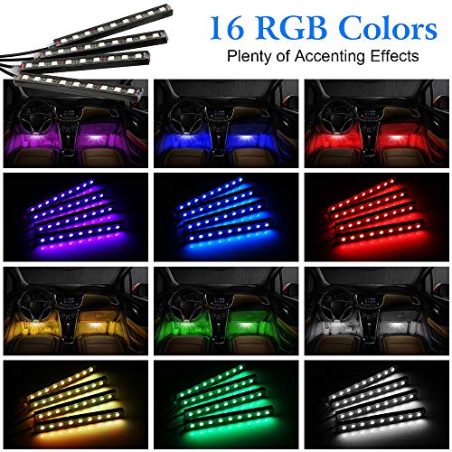GTP LED 16 Color RGB Strip Light, 4pcs 36 LED Multi-color Car Truck Interior Atmosphere Under Dash Seat Floor Neon Lighting Kit with Multi-Mode Changing IR Wireless Remote Control, Car Charger, DC 12V