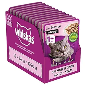 Whiskas Wet Food for Adult Cats (1+Years), Salmon in Gravy Flavour, 12 Pouches (12 x 85g)