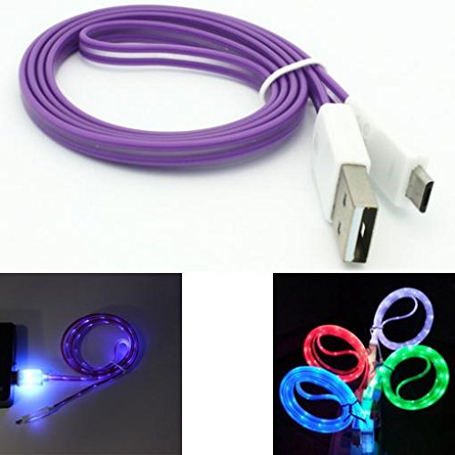 Purple Flat USB Cable with Glowing Light Charger Data Wire Micro-USB Sync Power Cord 3ft for US Cellular Samsung Galaxy S6 Edge + (SM-G928R) - US Cellular Samsung Galaxy S7 (SM-G930R)