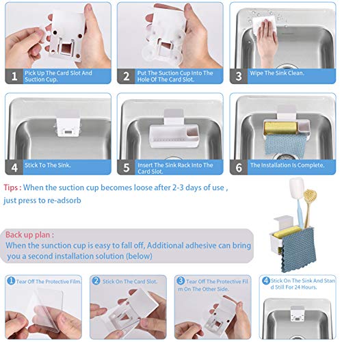 Sponge Holder for Kitchen Sink, with Holder for Sponges and Cleaning Supplies, 3-in-1 Multifunctional sponge caddy and Dish Cloth Hanger, for Kitchen, Bathroom, Soap Box Organizer with Suction Cups