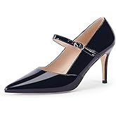 Coutgo Womens Mary Jane Pumps Stiletto High Heels Closed Pointed Toe Buckle Strap Patent Leather Dress Wedding Party Shoes