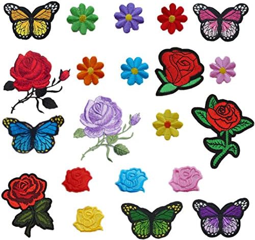 Comfun 21 Pieces Flower Butterfly Iron On Patches Embroidery Rose Applique Patches for DIY Dress Bag Shoes