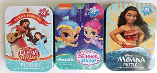 3 Collectible Girls Mini Jigsaw Puzzles in Travel Tin Cases: Disney Kids Shimmer and Shine, Elena Avalor, and Moana Gift Set Bundle (24/50 Pieces)