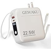 GEWAKU Portable Charger 15000mAh Power Bank 22.5W Fast Charging Built-in Cables and AC Wall Plug, 3-in-1 Compact USB-C Battery Pack Travel Essentials for iPhone 17,iPad, Android, Samsung (White)