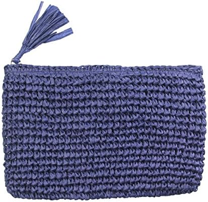 LOF Women's Crochet Paper Straw Clutch Bag with Tassel (Navy)